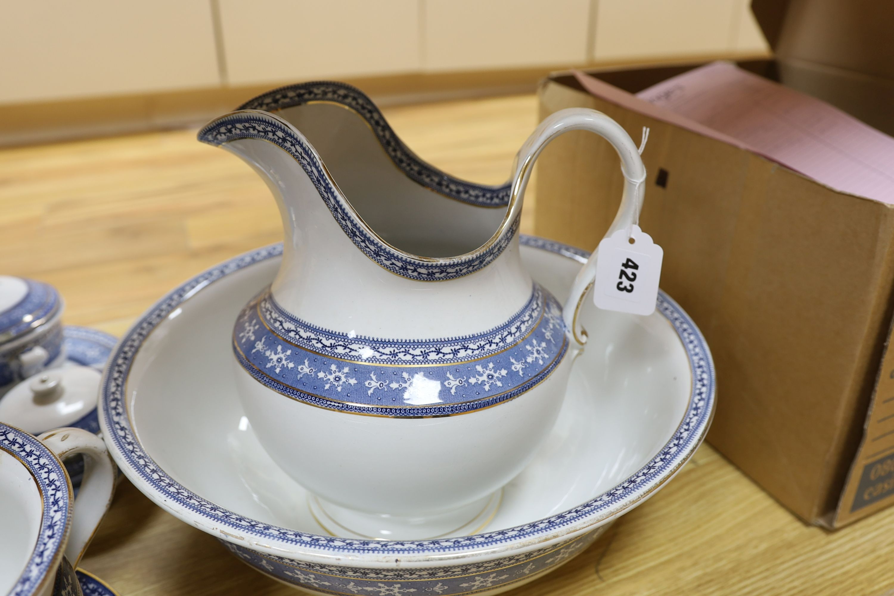 A blue and white Maltese pattern ceramic toilet set and a pearlware plate